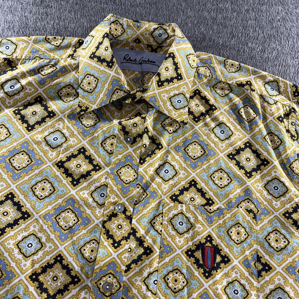 Robert Graham Geometric Colorful Paisley Blue Yellow Short Sleeve Shirt Medium